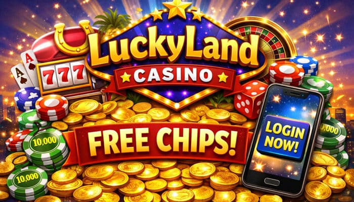 LuckyLand Casino Login App Free Chips - Live Casino Magic - Live CasinoMagic LuckyLand Casino Login: LuckyLand Casino free chips promotion with slot machine, dice, and casino chips.
