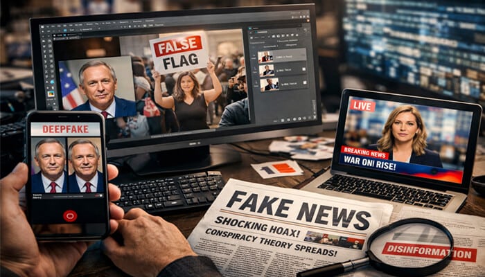 Misinformation Deepfakes and Digital Manipulation - Live Casino Magic - Live CasinoMagic Taylor Mathis leak concept image showing realistic digital manipulation, deepfake faces, fake news headlines, and misinformation spreading across phone, desktop, and laptop screens.