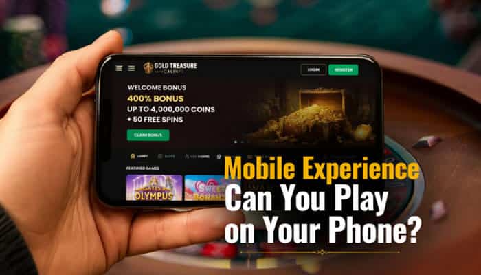 Mobile Experience Can You Play on Your Phone - Live Casino Magic - Live CasinoMagic Gold Treasure Casino mobile browser experience displayed on a smartphone, showcasing responsive casino gameplay, welcome bonus, slot games, secure account access, and seamless Gold Coins and Sweeps Coins management without a dedicated mobile app.