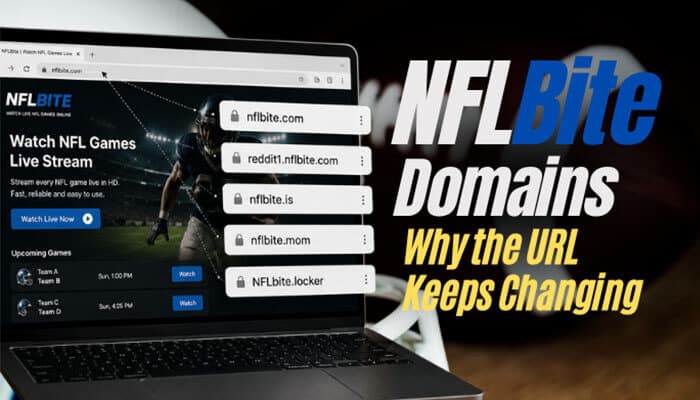 NFLBite Domains Why the URL Keeps Changing - Live Casino Magic - Live CasinoMagic Laptop showing multiple NFLBite domains with live NFL streaming, explaining why the nflbite URL keeps changing for fans seeking reliable access