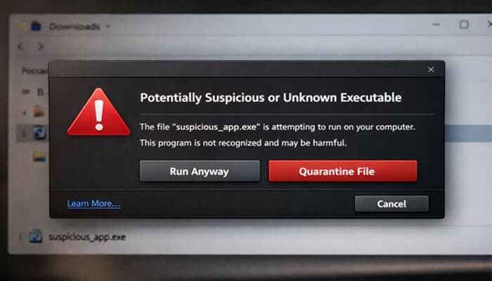 Potentially Suspicious or Unknown Executable - Live Casino Magic - Live CasinoMagic What is immorpos35.3 software warning screen showing a potentially suspicious or unknown executable file, with quarantine and cancel options on a realistic desktop interface.