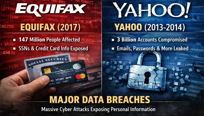 Previous Examples of Major Breaches - Live Casino Magic - Live CasinoMagic Infographic highlighting major data breaches like Equifax and Yahoo, emphasizing the importance of securing digital wallets like gocryptobet.com wallet from similar cybersecurity threats.