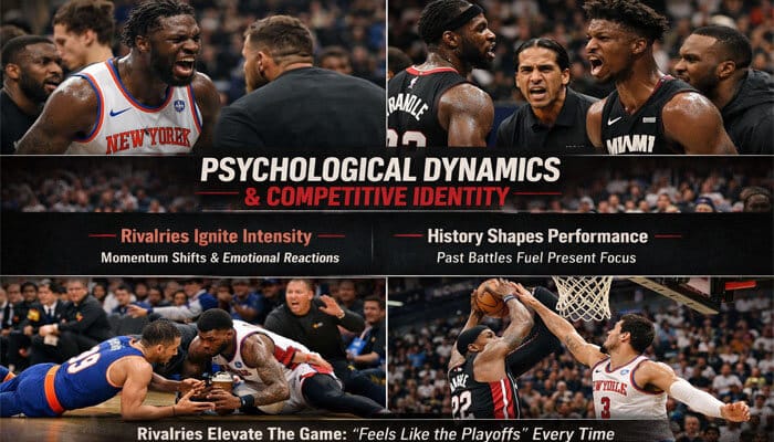 Psychological Dynamics and Competitive Identity - Live Casino Magic - Live CasinoMagic Psychological dynamics in the Knicks vs Miami Heat timeline, showcasing intense NBA rivalry moments. The image highlights emotional reactions, momentum shifts, and historical battles that fuel the competitive identity between these two iconic teams. Players like Jimmy Butler and Julius Randle show how past performances shape current focus and elevate the game to playoff intensity levels.