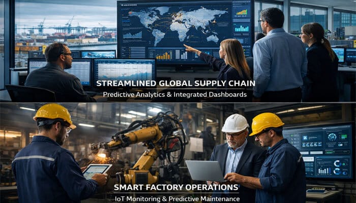 Real-World Application Scenarios - Live Casino Magic - Live CasinoMagic Digital Infusing AGGR8TECH: Real-world applications of predictive analytics and IoT in enhancing business operations. The image showcases two scenarios: first, the streamlined global supply chain driven by integrated dashboards and predictive analytics, improving decision-making; second, smart factory operations powered by IoT monitoring and predictive maintenance, ensuring operational efficiency and minimizing downtime.