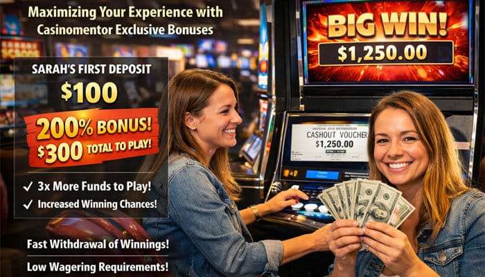 Real-World Example Maximizing Your Experience with Casinomentor Exclusive Bonuses - Live Casino Magic - Live CasinoMagic Maximize your casino experience with Casinomentor Exclusive Bonuses, like Sarah's first deposit of $100, earning a 200% bonus for a total of $300 to play. This image highlights the excitement of online gambling, with a big win of $1,250 at the slot machine. The Casinomentor bonuses offer 3x more funds to play, increased chances of winning, fast withdrawal of winnings, and low wagering requirements, ensuring a thrilling and rewarding gambling experience for players looking to maximize their profits.