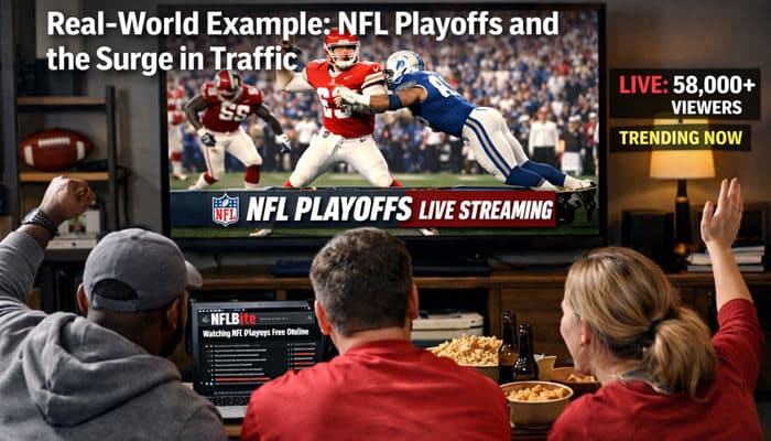 Real-World Example NFL Playoffs and the Surge in Traffic - Live Casino Magic - Live CasinoMagic NFLBite example during NFL playoffs: A group of people watching NFL Playoffs live streaming on their TV and computer, with NFLBite displaying 'Watching NFL Playoffs Free Online'. The image highlights the surge in traffic with over 58,000 live viewers and 'Trending Now' status, emphasizing NFLBite's popularity during live events.