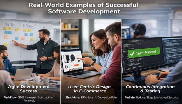 Real-World Examples of Successful Software Development - Live Casino Magic - Live CasinoMagic Discover real-world examples of successful software development with Drovenio Software Development Tips. This image showcases three powerful case studies: Agile Development leading to a 30% increase in subscription renewals for TechFlow, User-Centric Design boosting conversion rates by 25% for ShopMate, and Continuous Integration & Testing improving security and reducing bugs for FinSafe. These examples highlight key strategies and practices that drive success in modern software development, offering valuable insights into improving efficiency, user experience, and system reliability.