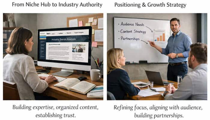 Real-World Strategic Scenarios - Live Casino Magic - Live CasinoMagic Latest Feedbuzzard.com Strategic Growth and Authority Framework: This image illustrates two key strategies for building industry authority. On the left, a professional analyzes industry trends and organizes content to build expertise and establish trust. On the right, a team refines their focus on audience needs, content strategy, and partnerships to drive growth, emphasizing the strategic importance of aligning with the audience for long-term success.