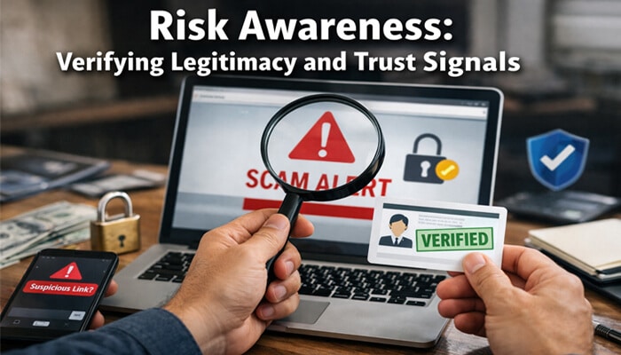 Risk Awareness Verifying Legitimacy and Trust Signals - Live Casino Magic - Live CasinoMagic User verifying website legitimacy on onboardicafe com using trust signals like secure login, verified identity badge, and scam alert detection to avoid phishing and online fraud risks