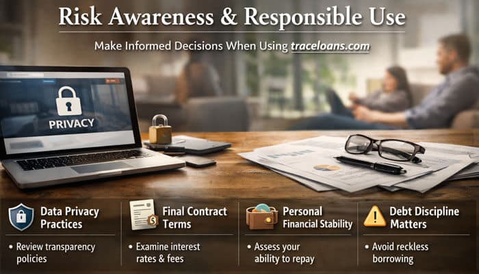Risk Awareness and Responsible Use - Live Casino Magic - Live CasinoMagic traceloans.com: A guide to responsible borrowing, highlighting key principles of risk awareness when using traceloans.com. The image emphasizes the importance of reviewing data privacy practices, understanding final contract terms, assessing personal financial stability, and maintaining debt discipline. These factors are essential for making informed decisions when applying for loans through traceloans.com.