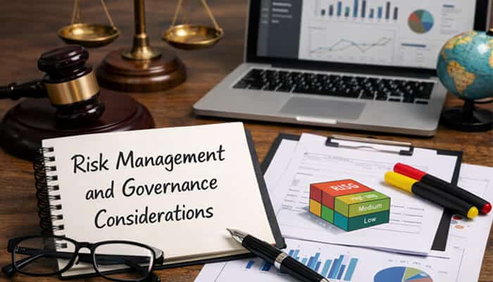 Risk Management and Governance Considerations - Live Casino Magic - Live CasinoMagic Risk Management and Governance Considerations depicted on a desk, with documents, charts, and a 'refixs2.5.8a' cube model showing risk levels: high, medium, and low. This workspace illustrates how 'refixs2.5.8a' can optimize risk management strategies and governance in business decision-making processes.