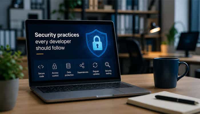 Security practices every developer should follow - Live Casino Magic - Live CasinoMagic Drovenio Software Development Tips showing laptop with security practices dashboard including secure coding, access control, data protection, dependency management, and vulnerability testing in modern development workflow