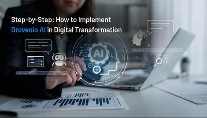 Step-by-Step: How to Implement Drovenio AI in Digital Transformation - Live Casino Magic - Live CasinoMagic Drovenio AI in Digital Transformation implementation concept showing a professional analyzing data dashboards, AI automation interface, chatbot systems, and machine learning workflows for step-by-step business optimization