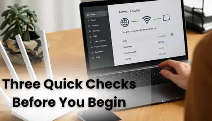 Three Quick Checks Before You Begin - Live Casino Magic - Live CasinoMagic Laptop displaying network status screen on a desk with Wi-Fi router and plant, illustrating errorcode dropbox 8737.idj.029.22 troubleshooting steps for connectivity and sync issues.