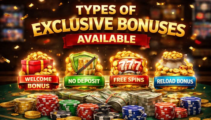 Types of Exclusive Bonuses Available - Live Casino Magic - Live CasinoMagic Types of Exclusive Bonuses Available casino-themed image showing welcome bonus, no deposit bonus, free spins, and reload bonus with poker chips, cash, and gold coins.