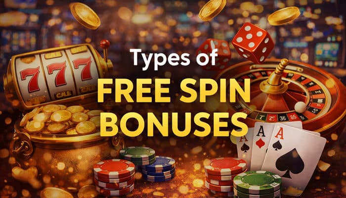 Types of Free Spin Bonuses Youll Find - Live Casino Magic - Live CasinoMagic Types of Free Spin Bonuses with slot machine, roulette, and poker chips, featuring Free Spin Bonus Casinomentor