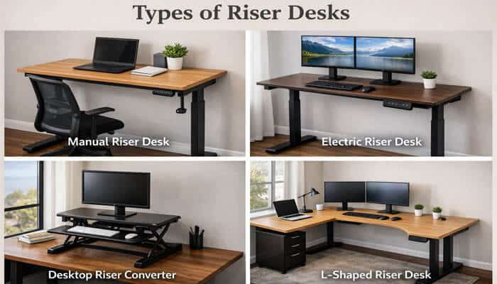 Types of Riser Desks - Live Casino magic - Live CasinoMagic This image showcases different types of riser desks, each designed to offer flexible, ergonomic work setups. From manual and electric riser desks to desktop converters and L-shaped riser desks, these solutions allow users to alternate between sitting and standing positions, improving posture, reducing back pain, and boosting productivity. Understanding what a riser desk is and the variety of options available is essential for choosing the best desk to suit your home office or workspace needs.