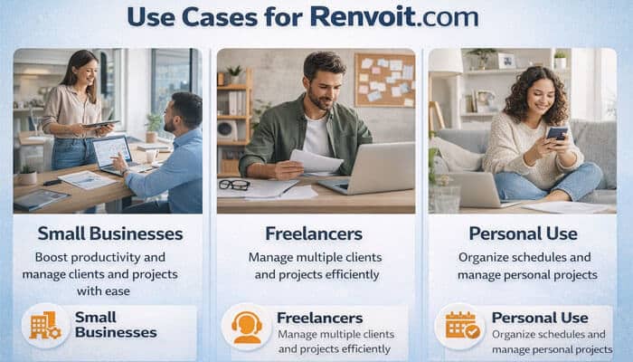 Use Cases for Renvoit com - Live Casino Magic - Live CasinoMagic Renvoit.com Use Cases: A detailed infographic highlighting three key use cases for Renvoit.com. It shows how small businesses can boost productivity and manage projects, freelancers can efficiently handle multiple clients and projects, and individuals can organize schedules and personal projects using the platform. The image emphasizes Renvoit.com’s flexibility for various types of users.