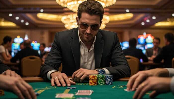 Use a Simple Beginner Strategy Thats Time-Proven - Live Casino Magic - Live CasinoMagic A confident man in a suit with sunglasses sitting at a poker table, ready to play blackjack for real money, surrounded by poker chips and cards