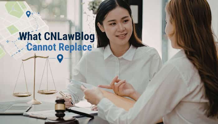 What CNLawBlog Cannot Replace - Live Casino Magic - Live CasinoMagic Two professionals consulting in an office with legal documents, scales of justice, and laptop, illustrating what CNLawBlog cannot replace in legal guidance
