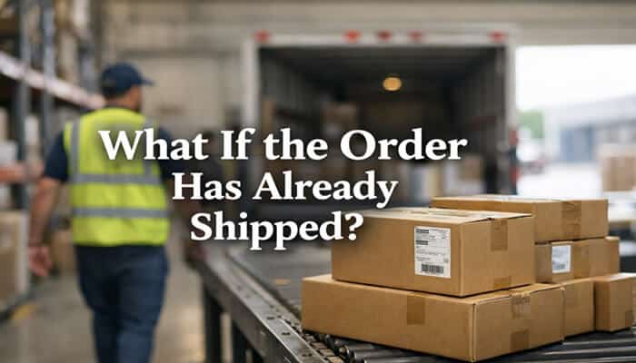 What If the Order Has Already Shipped - Live Casino Magic - Live CasinoMagic Packages in a warehouse with a question overlay: 'What If the Order Has Already Shipped?' Learn how to cancel an Adam and Eve order even after it ships by contacting customer service quickly.