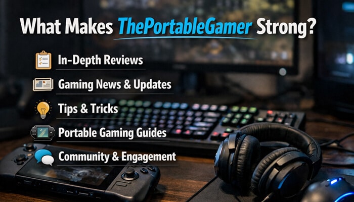 What Makes ThePortableGamer Strong - Live Casino Magic - Live CasinoMagic ThePortableGamer Guides" showcases a comprehensive gaming setup with key features like in-depth reviews, gaming updates, tips, and guides, all displayed with engaging icons.
