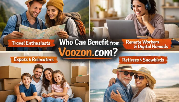 Who Can Benefit from Voozon - Live Casino Magic - Live CasinoMagic People who can benefit from Voozon.com including travelers, remote workers, expats, relocating families, and retirees shown in lifestyle scenes with travel, moving, and online work
