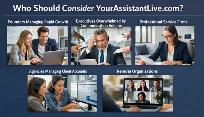 Who Should Consider YourAssistantLive com - Live Casino Magic - Live CasinoMagic YourAssistantLive.com services are ideal for founders managing rapid growth, executives overwhelmed by communication volume, professional service firms, agencies handling multiple client accounts, and remote organizations seeking streamlined coordination and support.