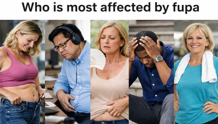 Who is most affected by fupa - Live Casino Magic - Live CasinoMagic Image showing diverse individuals affected by Fupa, including a woman with stomach concerns, a stressed man, and an active older woman, emphasizing the varied impact of Fupa on different demographics.