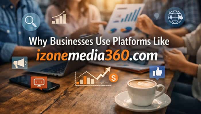 Why Businesses Use Platforms Like izonemedia360.com - Live Casino Magic - Live CasinoMagic Business team analyzing marketing data on a laptop with digital growth icons and charts overlay, representing why businesses use platforms like izonemedia360.com.