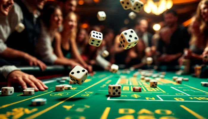 Why Choose Live Casino Games - Live Casino Magic - Live CasinoMagic Players rolling dice at a crowded casino table, capturing the thrill and real-time action of live casino games in a vibrant gaming environment