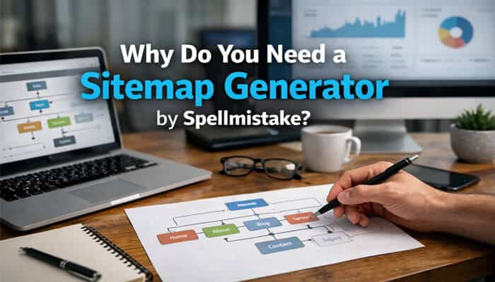 Why Do You Need a Sitemap Generator by Spellmistake - Live Casino Magic - Live CasinoMagic Image showing a laptop with a sitemap generated by Spellmistake, highlighting key pages like Home, About, Blog, and Services for better SEO optimization.