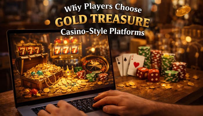Why Players Choose Gold Treasure Casino-Style Platforms - Live Casino Magic - Live CasinoMagic Person using a laptop to play a gold treasure casino platform, with poker chips, cards, dice, and coins displayed on a table in a warm, realistic setting.