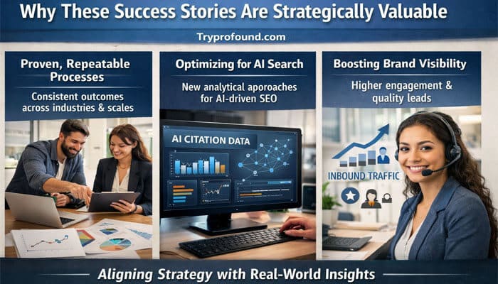 Why These Success Stories Are Strategically Valuable - Live CasinoMagic Explore the strategic value of TryProFound.com Customer Success Stories as they highlight proven, repeatable processes that lead to consistent outcomes across industries. The image showcases key elements such as optimizing AI search with new data-driven SEO strategies, boosting brand visibility through higher engagement and quality leads, and aligning business strategy with real-world insights. Visual elements include AI citation data, inbound traffic growth, and a customer support representative aiding clients, illustrating how these strategies drive success in AI-driven optimization.
