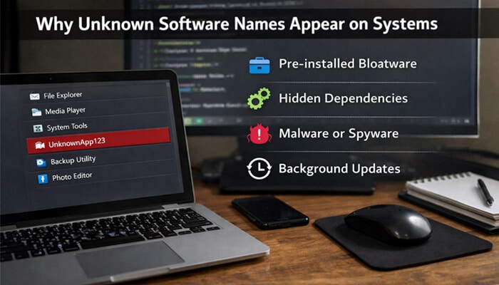 Why Unknown Software Names Appear on Systems - Live Casino Magic - Live CasinoMagic What is immorpos35.3 software displayed as an unknown program on a laptop screen, with a realistic cybersecurity workspace showing possible causes like pre-installed bloatware, hidden dependencies, malware or spyware, and background updates.