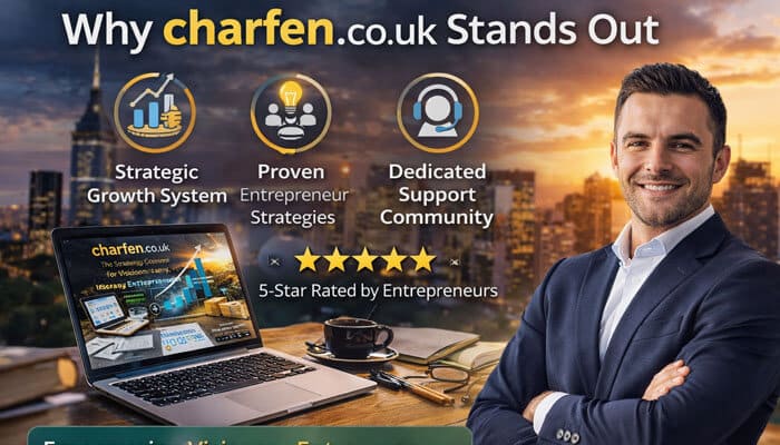 Why charfen co uk Stands Out - Live Casino Magic - Live CasinoMagic Business growth concept showing entrepreneur, laptop with charts, and rising graph illustrating why charfen.co.uk stands out for strategic growth and visionary entrepreneurs.