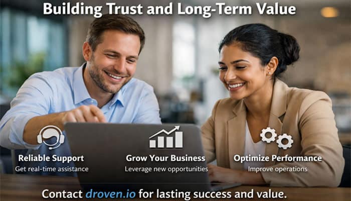 Building Trust and Long-Term Value - Live Casino Magic - Live CasinoMagic An infographic promoting the benefits of contacting droven.io for fleet and logistics management, highlighting reliable support, business growth opportunities, and optimized performance. The image features two professionals working together, emphasizing real-time assistance, leveraging new opportunities, and improving operational efficiency through effective communication with droven.io.