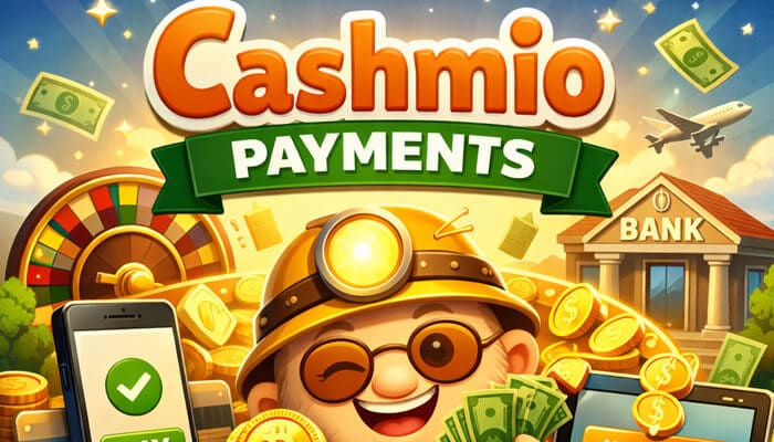 Cashmio Payments - Live Casino Magic - Live CasinoMagic Cashmio casino Payments and a miner character, currency, and a bank in the background.