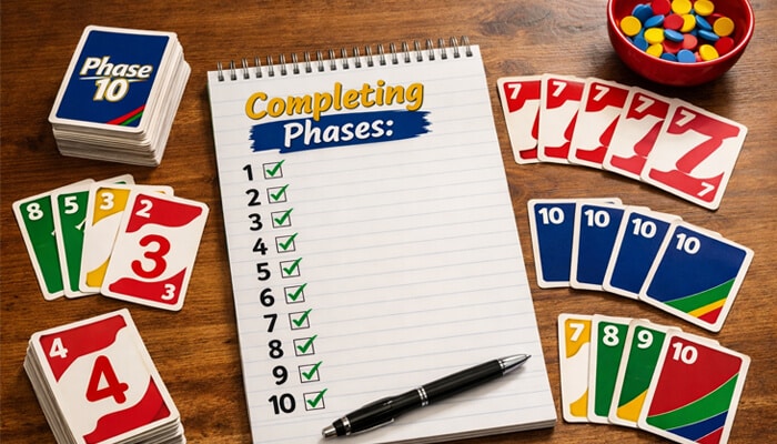 Completing phases - Live Casino Magic - Live CasinoMagic Completing phases in Phase 10, with cards laid out and a checklist marking off completed phases as per the phase 10 rules.