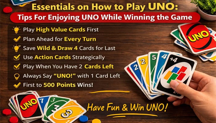 Essentials on How One can Play UNO Tips For Enjoying UNO While Winning in the Game - Live Casino Magic - Live CasinoMagic UNO game tips and strategies displayed with a hand of colorful UNO cards, including high-value cards, action cards, and a Draw 4 card, with a text overlay listing essential tips for winning the game.