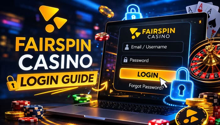 Fairspin Casino Login Guide - Live Casino Magic - Live CasinoMagic Fairspin Casino login guide with a laptop displaying a secure login interface for email/username and password entry, surrounded by casino chips and playing cards