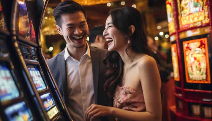 Game access should feel smooth not overwhelming - Live Casino Magic - Live CasinoMagic Happy couple playing slot machines in a legal casino environment with bright lights and modern gaming experience