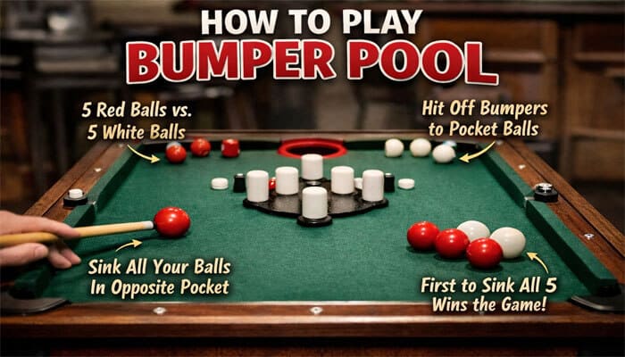 How to play Bumper Pool - Live Casino Magic - Live CasinoMagic How to play bumper pool with labeled instructions showing red and white balls on the table, explaining how to hit off bumpers, sink all your balls in the opposite pocket, and win the game by sinking all 5 balls first.