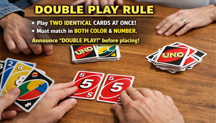 Information on How Players Can Enjoy Playing UNO The Basic UNO Game Rules - Live Casino Magic - Live CasinoMagic UNO Reverse Card Game with the double play rule displayed, showing two identical red 5 cards being placed on the table, with players preparing to play, and an UNO card deck in the background.