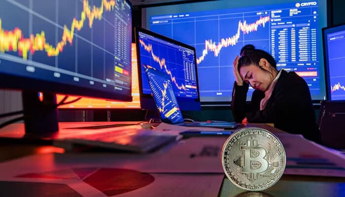 Manage Crypto Volatility - Live Casino Magic - Live CasinoMagic A person stressed in front of multiple computer screens showing cryptocurrency trading charts, with a Bitcoin coin in focus, highlighting the pressures of crypto investments