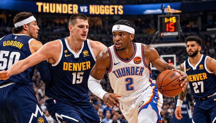 Oklahoma City Thunder vs Denver Nuggets - Live Casino Magic - Live CasinoMagic Oklahoma City Thunder guard driving past Denver Nuggets defenders during an intense NBA matchup