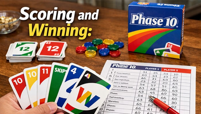Scoring and Winning - Live Casino Magic - Live CasinoMagic Scoring and winning in Phase 10, showing cards in hand, the Phase 10 score sheet, and chips for tracking scores, illustrating how scoring works in Phase 10 rules.