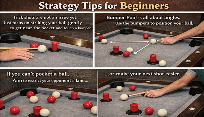 Strategy Tips for beginners - Live Casino Magic - Live CasinoMagic Strategy tips for beginners in bumper pool, showing how to gently strike the ball, use bumpers for positioning, restrict the opponent's lane, and make the next shot easier.