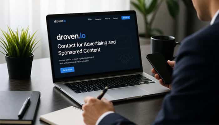droven.io Contact for Advertising and Sponsored Content - Live Casino Magic - Live CasinoMagic droven.io Contact page for advertising and sponsored content showing business professional using laptop and mobile to manage digital marketing partnerships, AI platform outreach, and online branding strategy