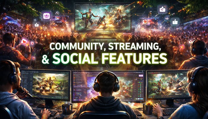 Community Streaming and Social Features - Live Casino Magic - Live CasinoMagic Game Event UndergrowthGameLine showcasing its Community, Streaming, and Social Features. The image highlights a group of gamers engaged in live streaming, social media interactions, and multiplayer gameplay, creating a vibrant online gaming experience.